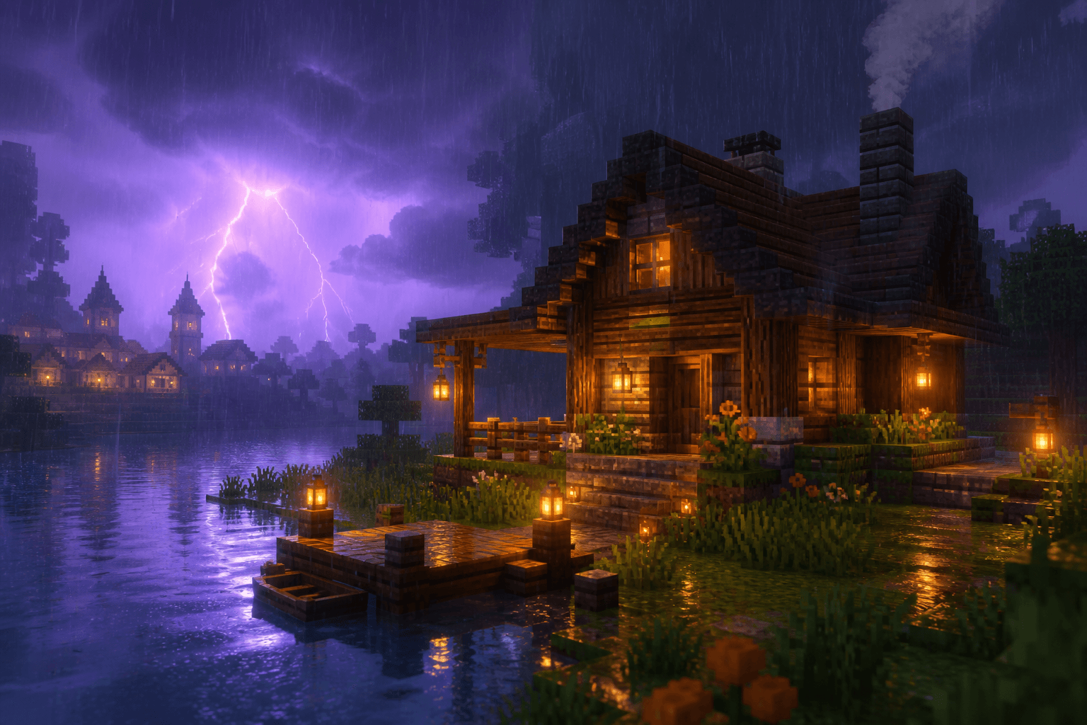 Rain & Thunder Cozy Storms category cover — rainy Minecraft riverside storm on PixelCraftMusic