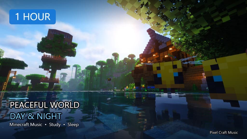 Peaceful Lakeside Minecraft day and night music — one-hour sleep and study mix thumbnail