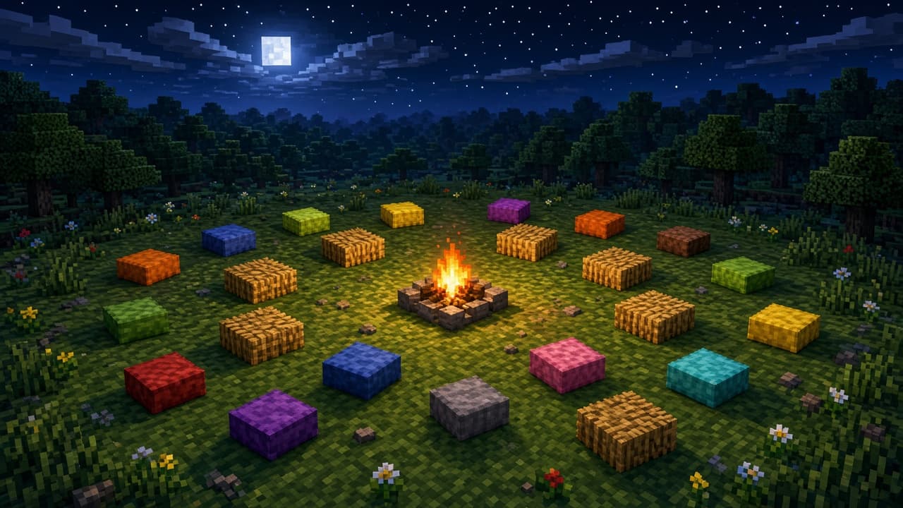 Colorful cushions and straw beds around a starlit meadow campfire — PixelCraftMusic News Desk illustration for Camp Out