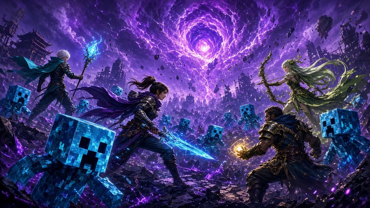 Co-op squad fighting creepers under stormy rift light