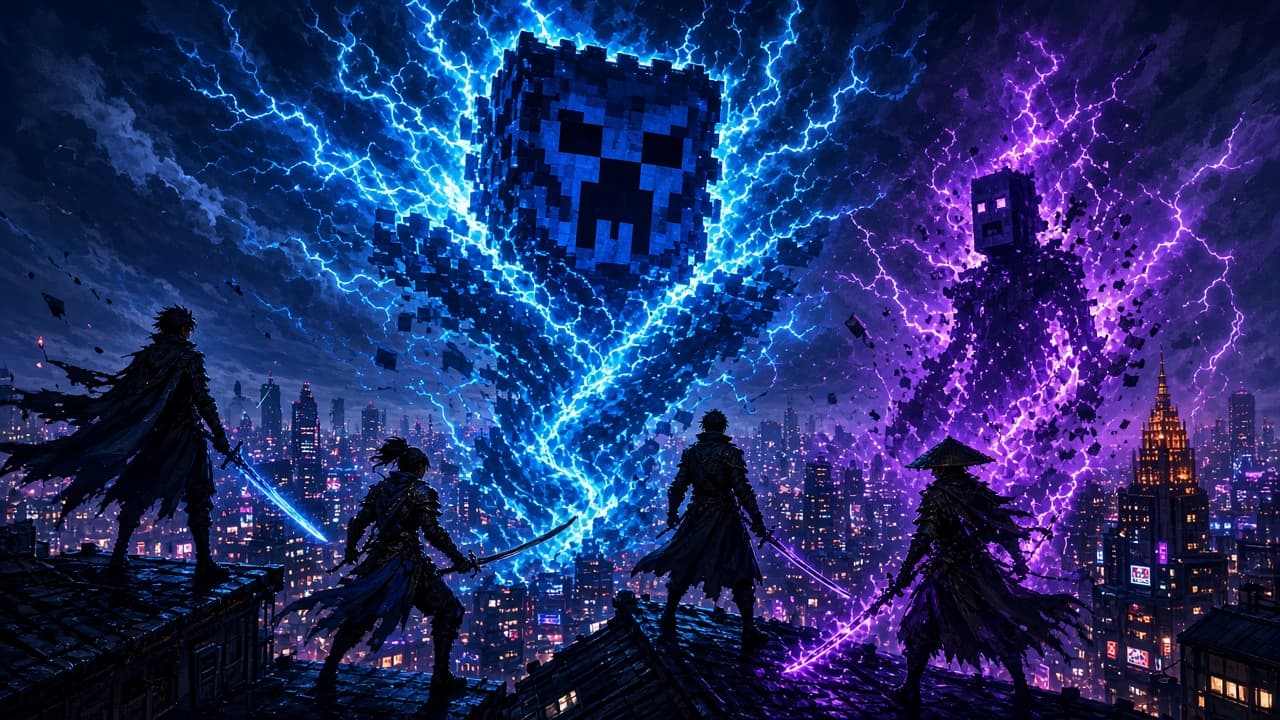 Giant blue creeper storm energy over a neon Tokyo night skyline