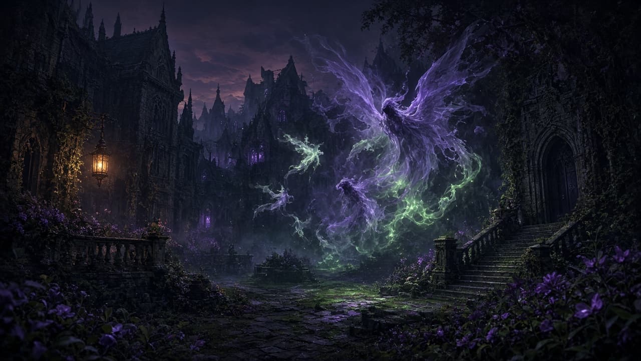 Dark woodland mansion courtyard with spell shimmer and floating spirit shapes