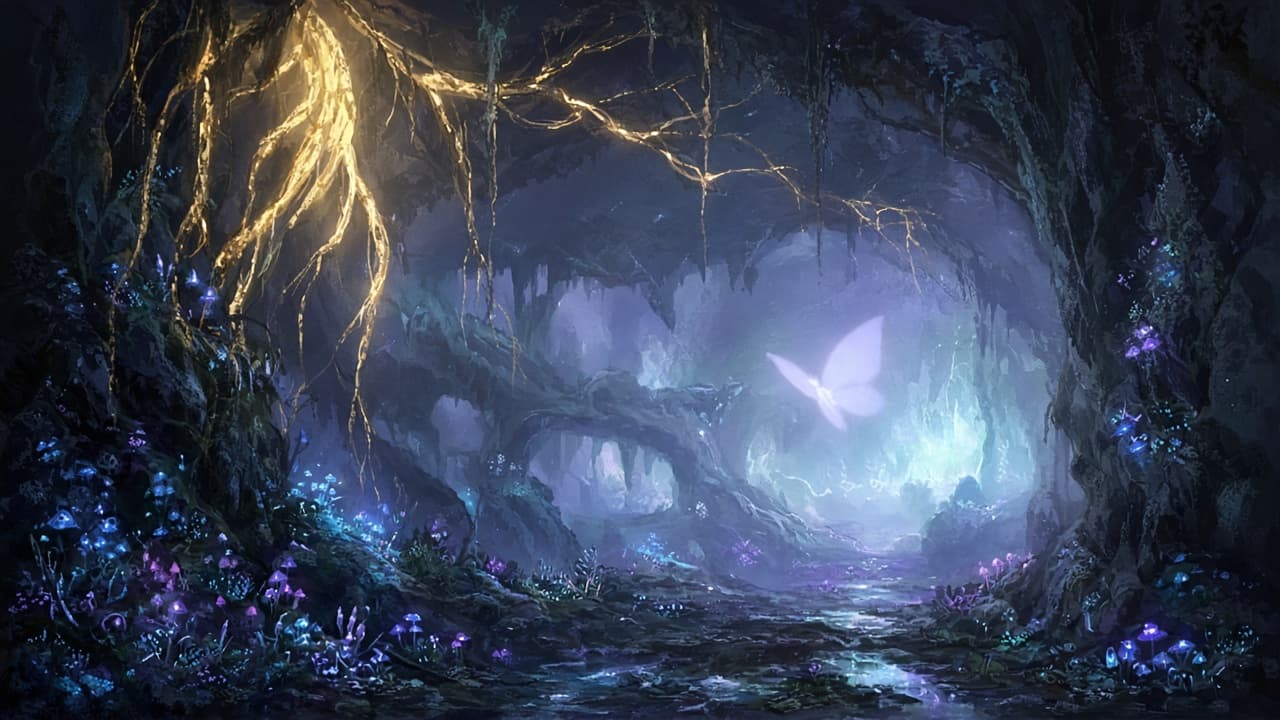 Luminous underground cave with glow plants and a pale butterfly silhouette