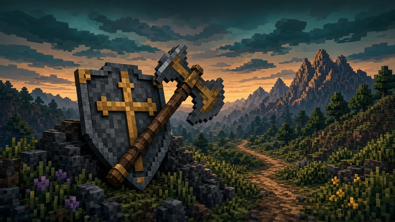 Shield and axe silhouettes over a dusk wilderness trail