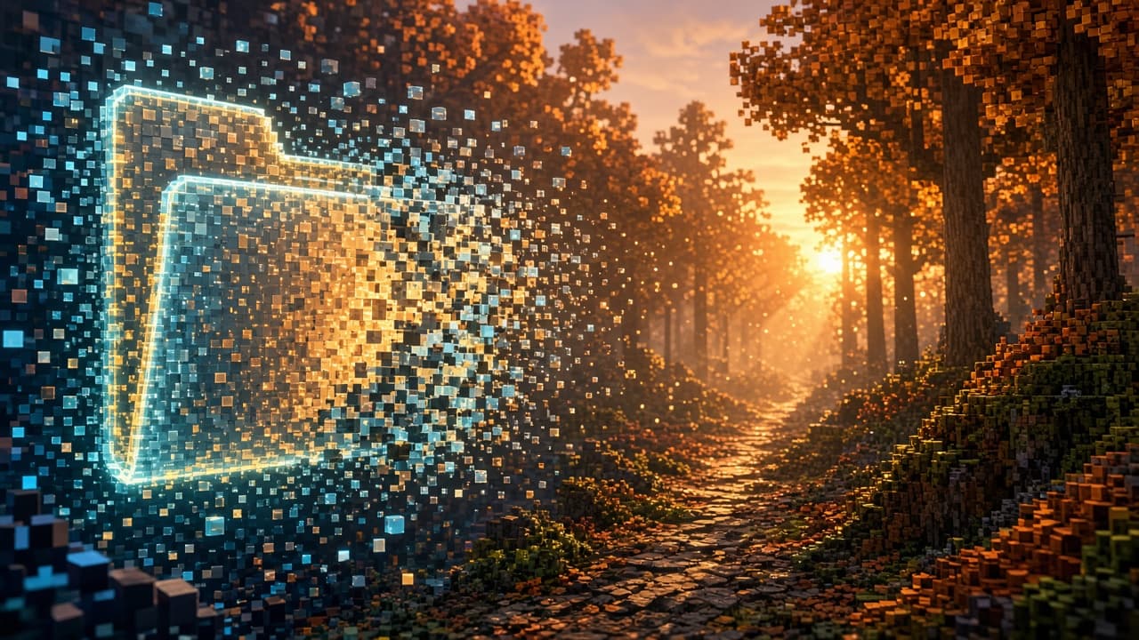 Abstract folder UI motif dissolving into an autumn trail toward launch