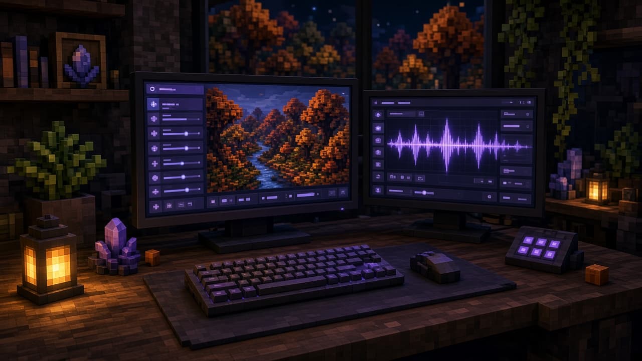 Tester desk with autumn forest on monitors and VSync polish mood