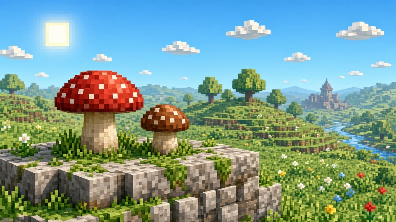 Soft daylight mushrooms on a stone ledge — Snapshot 1 placement mood for PixelCraftMusic News Desk
