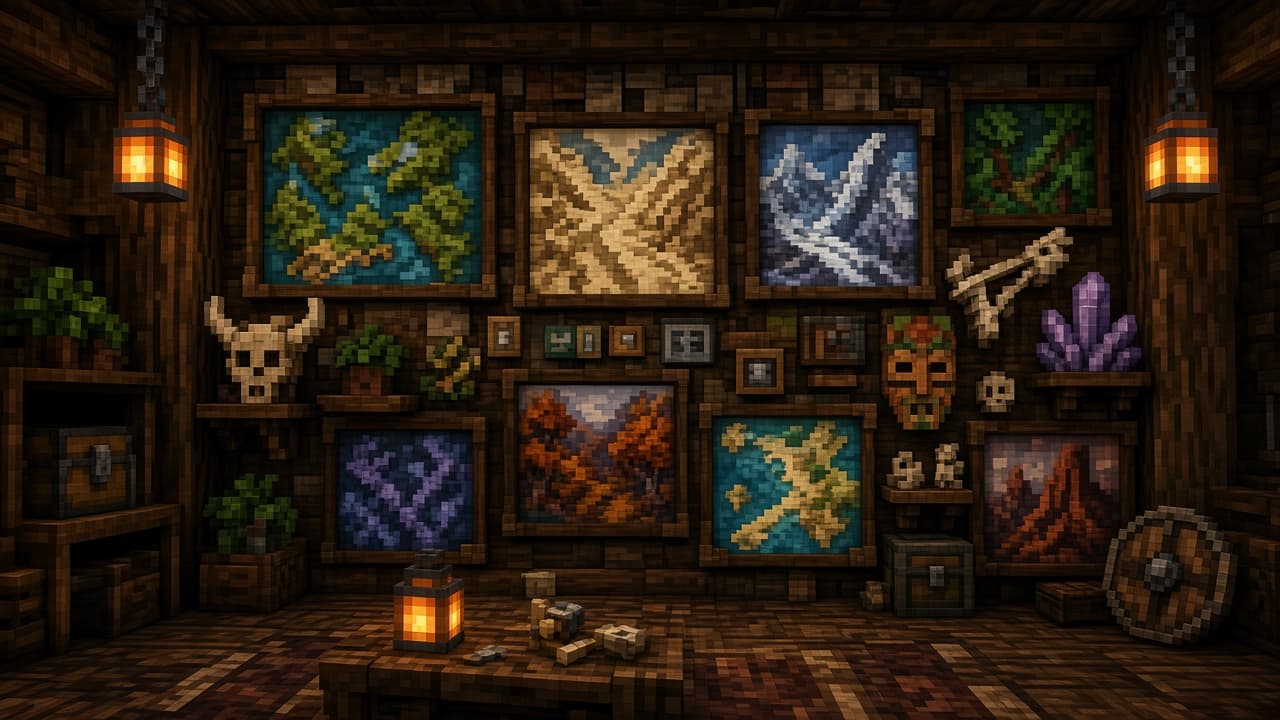 Abandoned camp map museum wall with framed explorer maps at spawn