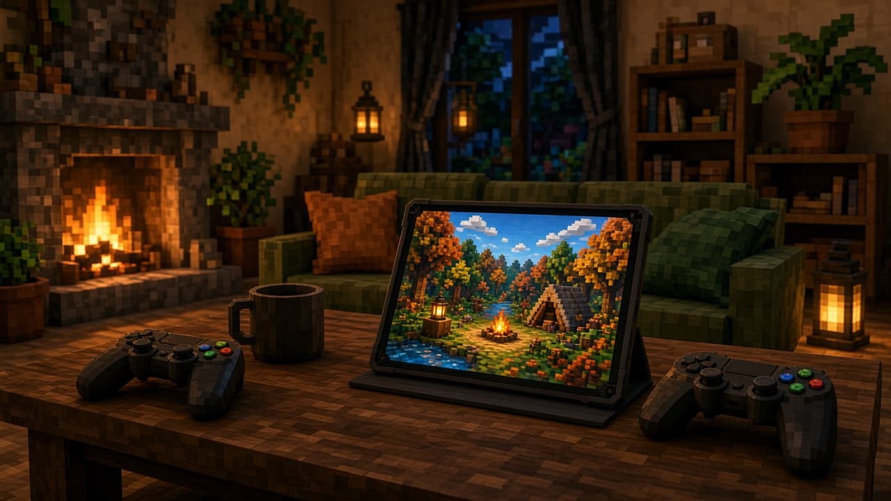 Bedrock living-room co-op energy meeting an autumn campsite on screen