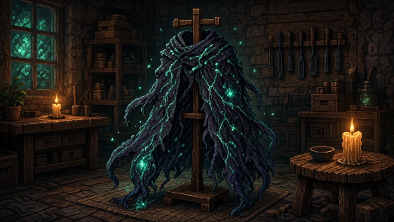 Twisted cape fabric on an armor stand in a candlelit workshop — PixelCraftMusic News Desk illustration