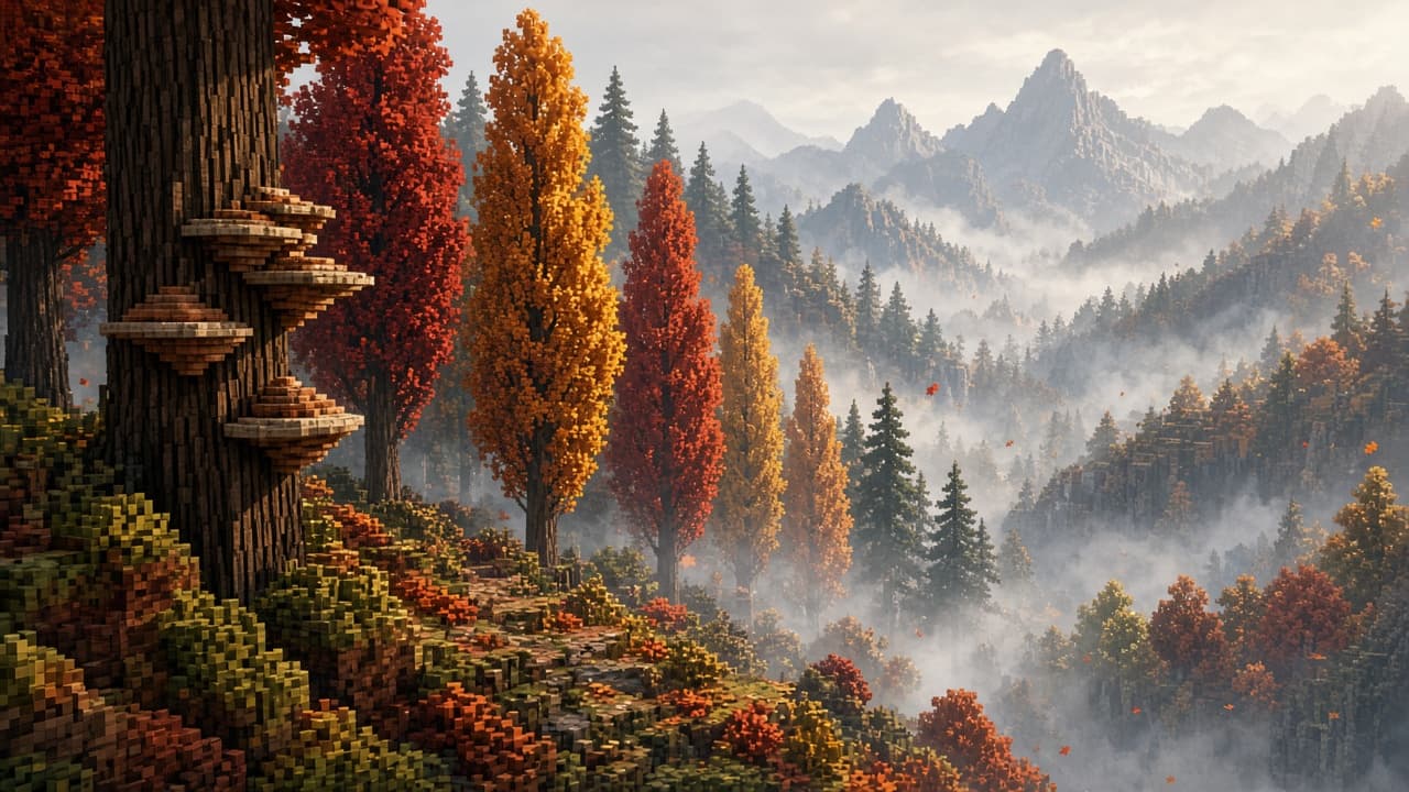 Dappled Forest ridge with multicolored Poplar canopy and shelf mushrooms