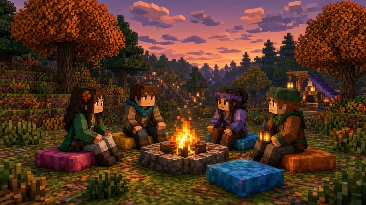 Friends sitting on colorful cushions around a Realm campfire at dusk