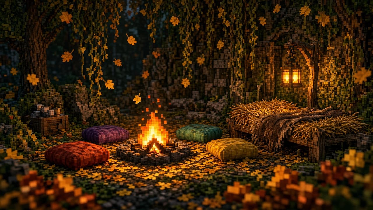 Cozy abandoned camp with campfire, cushions, and autumn poplar light