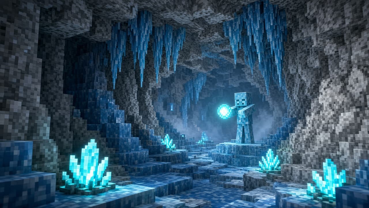 Frozen underground ice cave with icicles, glowing crystals, and a distant icy zombie — PixelCraftMusic News Desk illustration