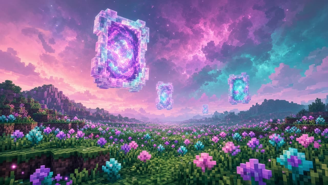 Vibrant Sift meadow with floating soul-colored rift light — PixelCraftMusic News Desk original illustration