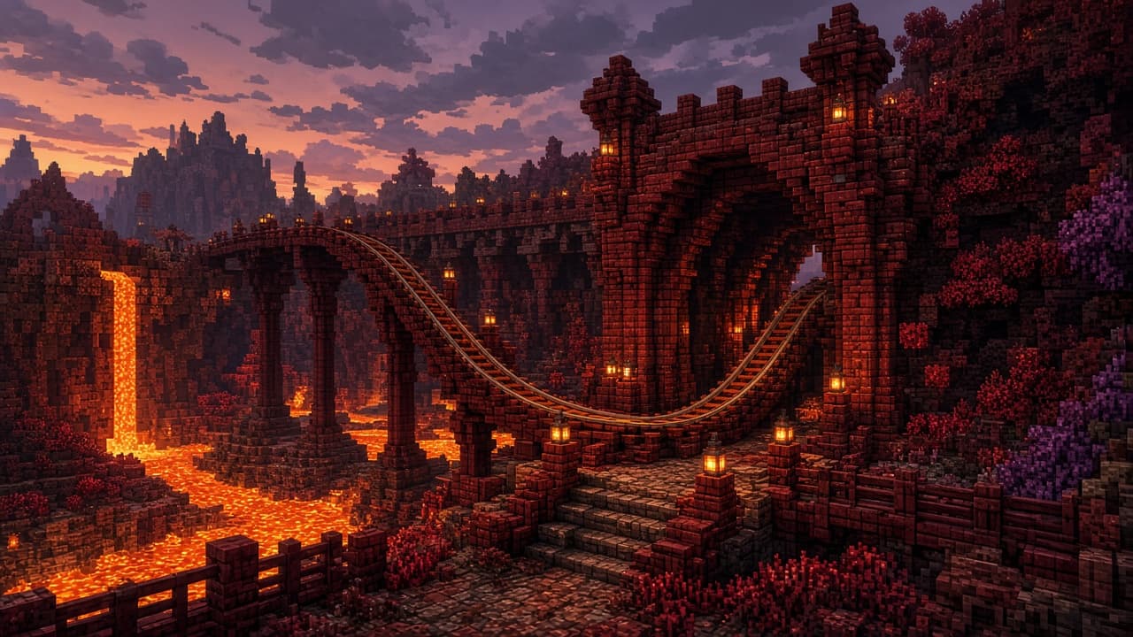 Blocky Nether-inspired rollercoaster arches with lava glow — PixelCraftMusic News Desk illustration for Minecraft World Escape the Nether