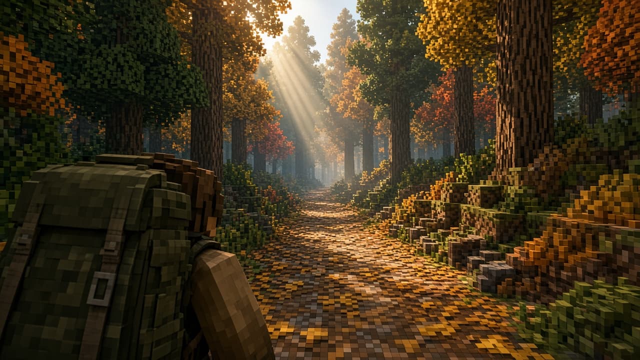 Trailhead view into dappled autumn forest with camping pack ready