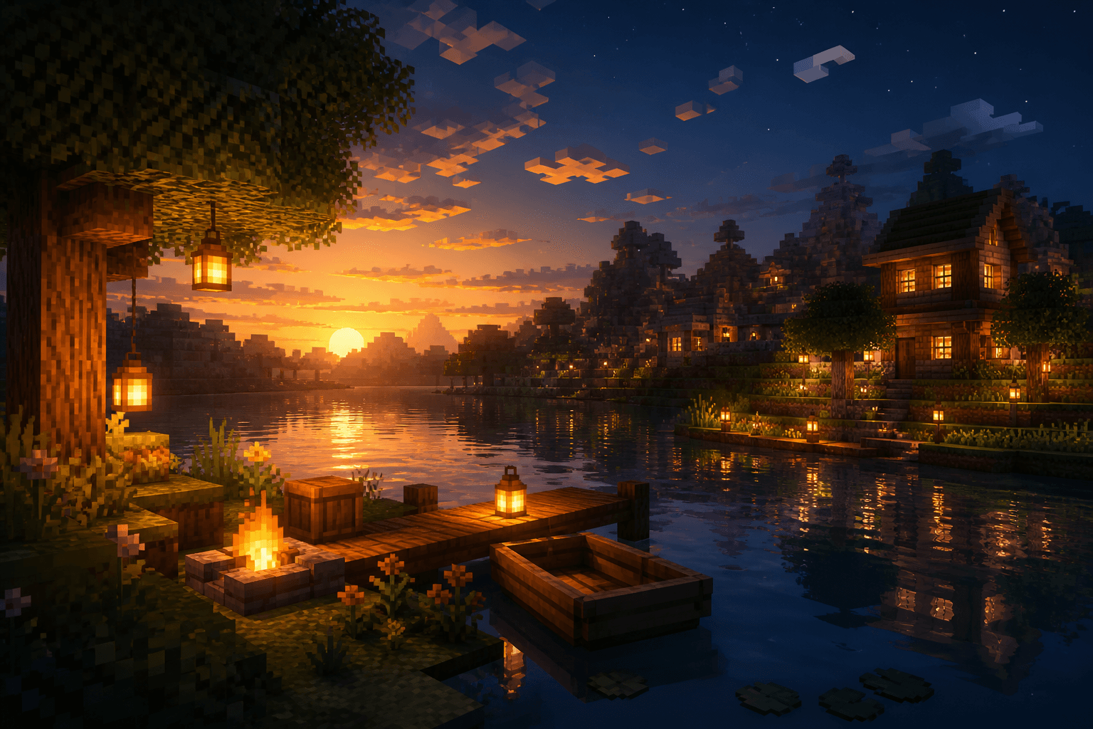 Day & Night Peaceful Minecraft category cover — calm lakeside day-to-night ambience on PixelCraftMusic