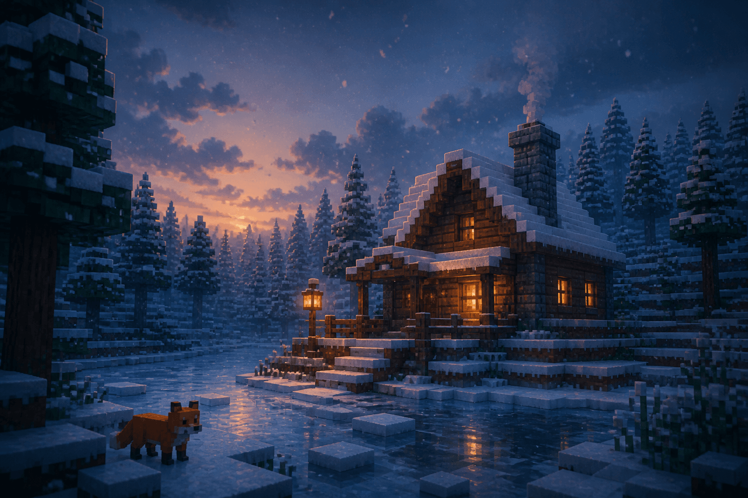 Snowfall Winter Calm category cover — quiet snowy Minecraft forest cabin on PixelCraftMusic
